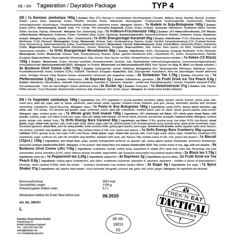 Notnahrung für die Armee, Überlebensnahrung für 1 Tag, 24-Stunden-Ration, Militärmahlzeit, Lebensmittelvorbereiter, MRE (TYP4)