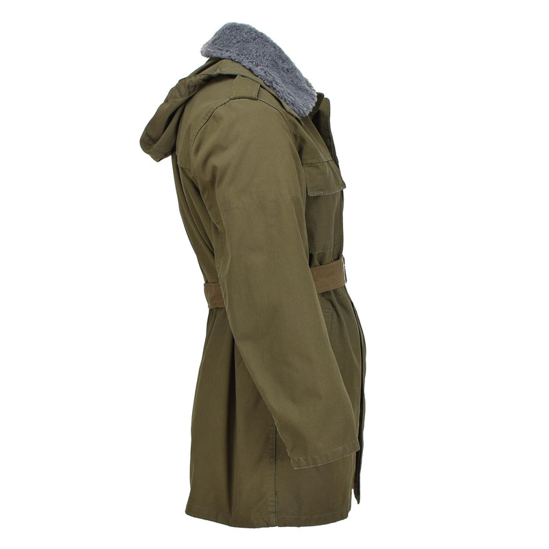 Original tschechischer Militärparka mit Gürtel und Kunstfellfutter, Winterjacke mit Kapuze, oliv