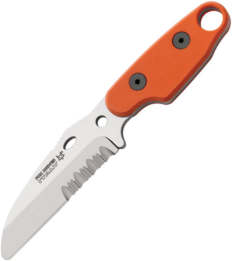 Fox Knives Compso Neck Backup Messer mit feststehender Klinge aus rostfreiem Stahl mit orangem Griff