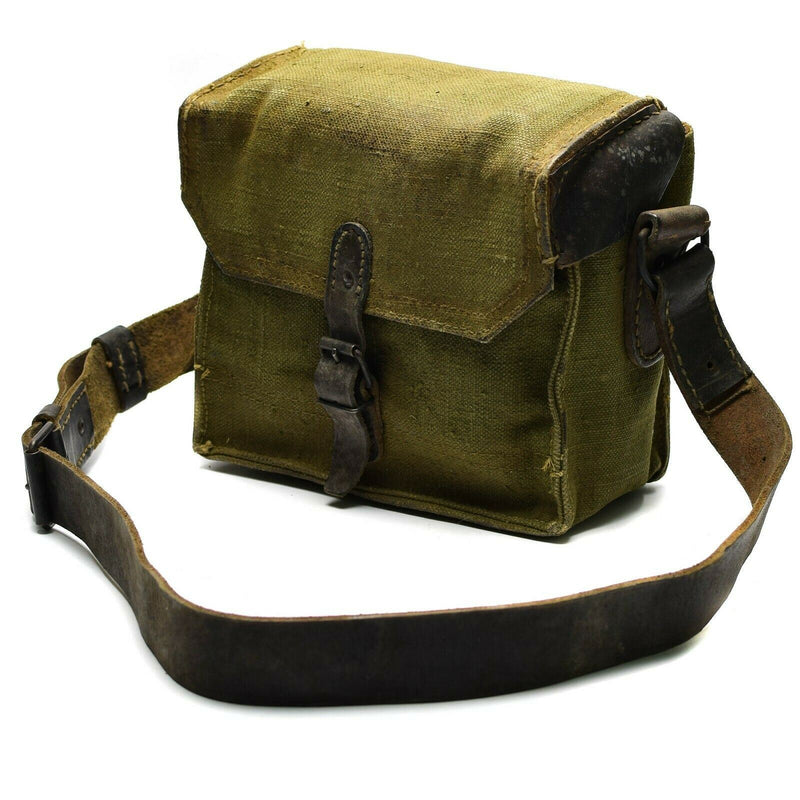 Echte französische Umhängetasche Army Canvas Leder oliv OD Magazin Munitionstasche