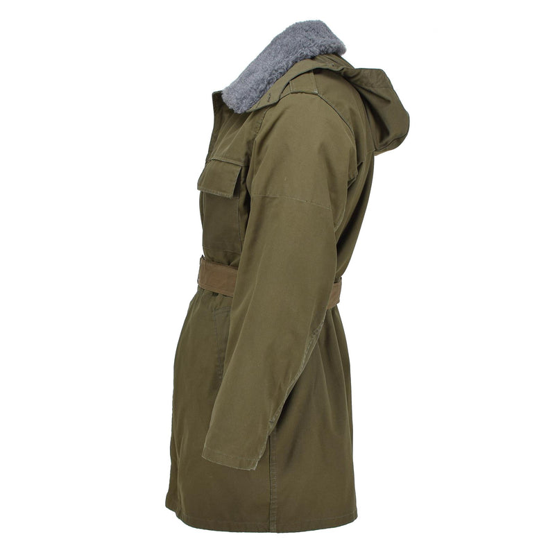 Original tschechischer Militärparka mit Gürtel und Kunstfellfutter, Winterjacke mit Kapuze, oliv