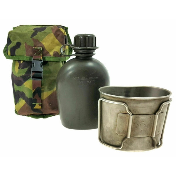 Original Feldflasche der niederländischen Armee mit Beutel und Edelstahlbecher, DPM-Tarnung, MOLLE