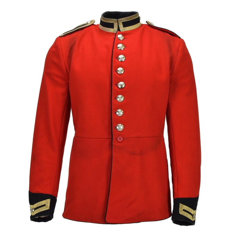 Original britische Militärjacke im Tunika-Stil aus Wolle, massiv rot-goldene Knöpfe