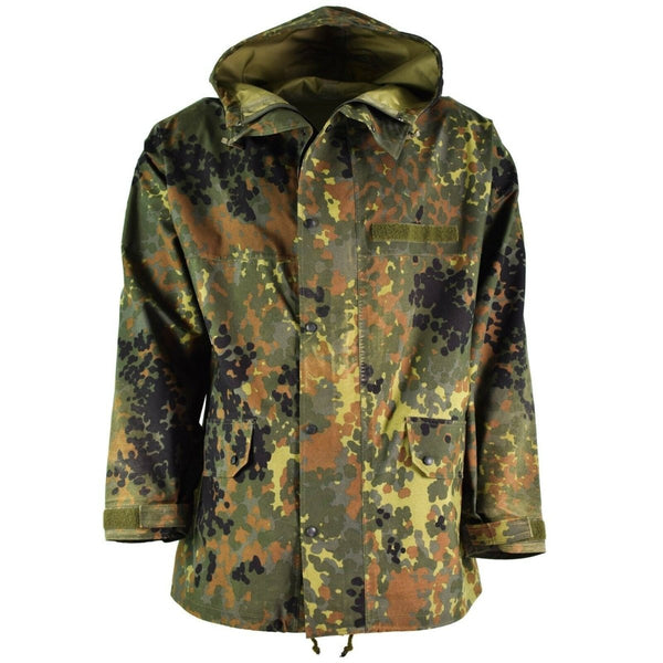 Original German army field Jacket Gore-Tex Flecktarn waterproof rain parka hooded adjustable cuffs hook and loop nameplate