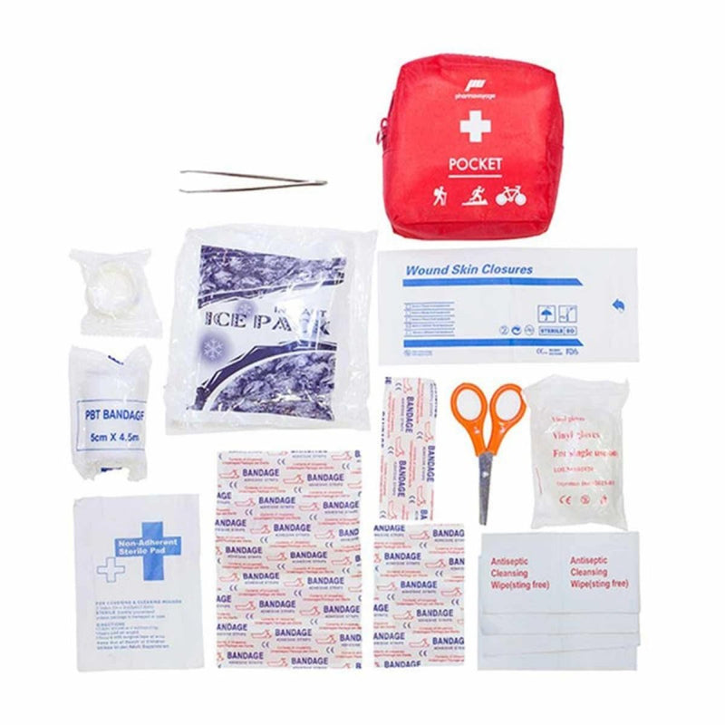 Pharmavoyage Pocket compact first aid kit camping trekking medical emergency bag gloves scissors bandge set tape ice pack